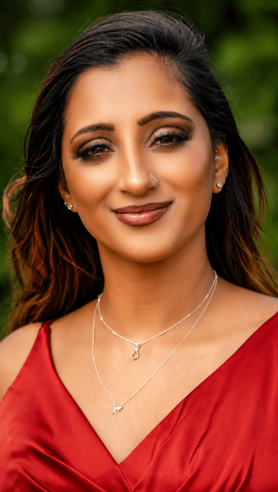 Warm outdoor portrait, red satin top — MZ Photographer Portrait Photography