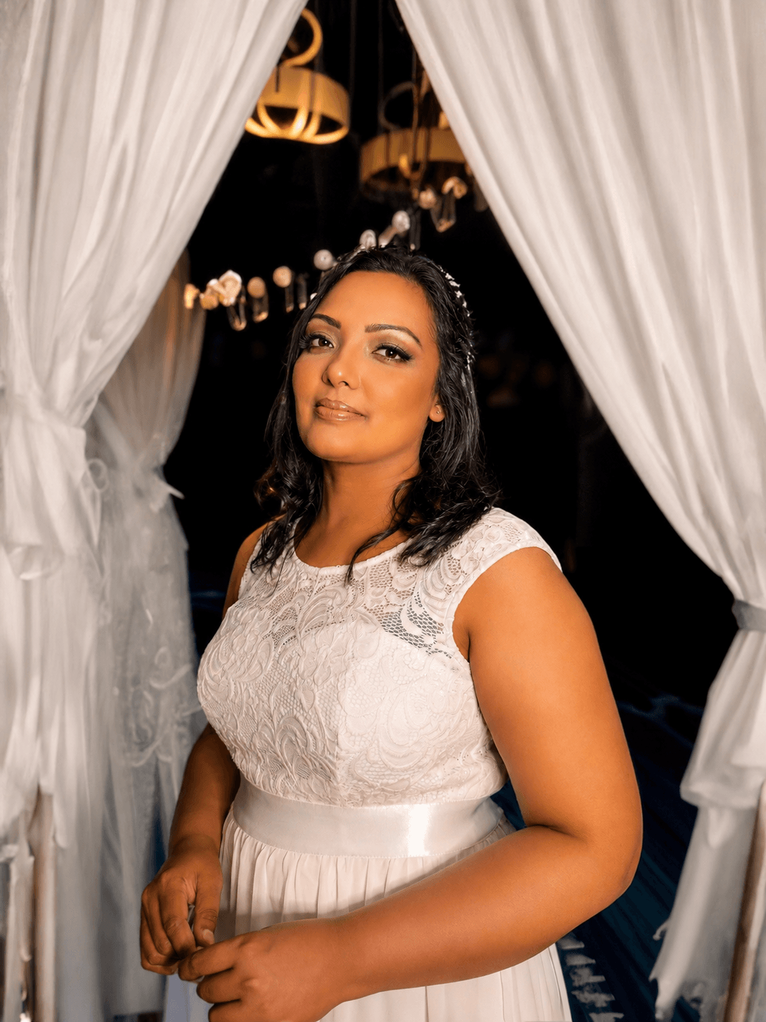 Bride behind sheer curtains (duplicate framing) — MZ Photographer Wedding Photography