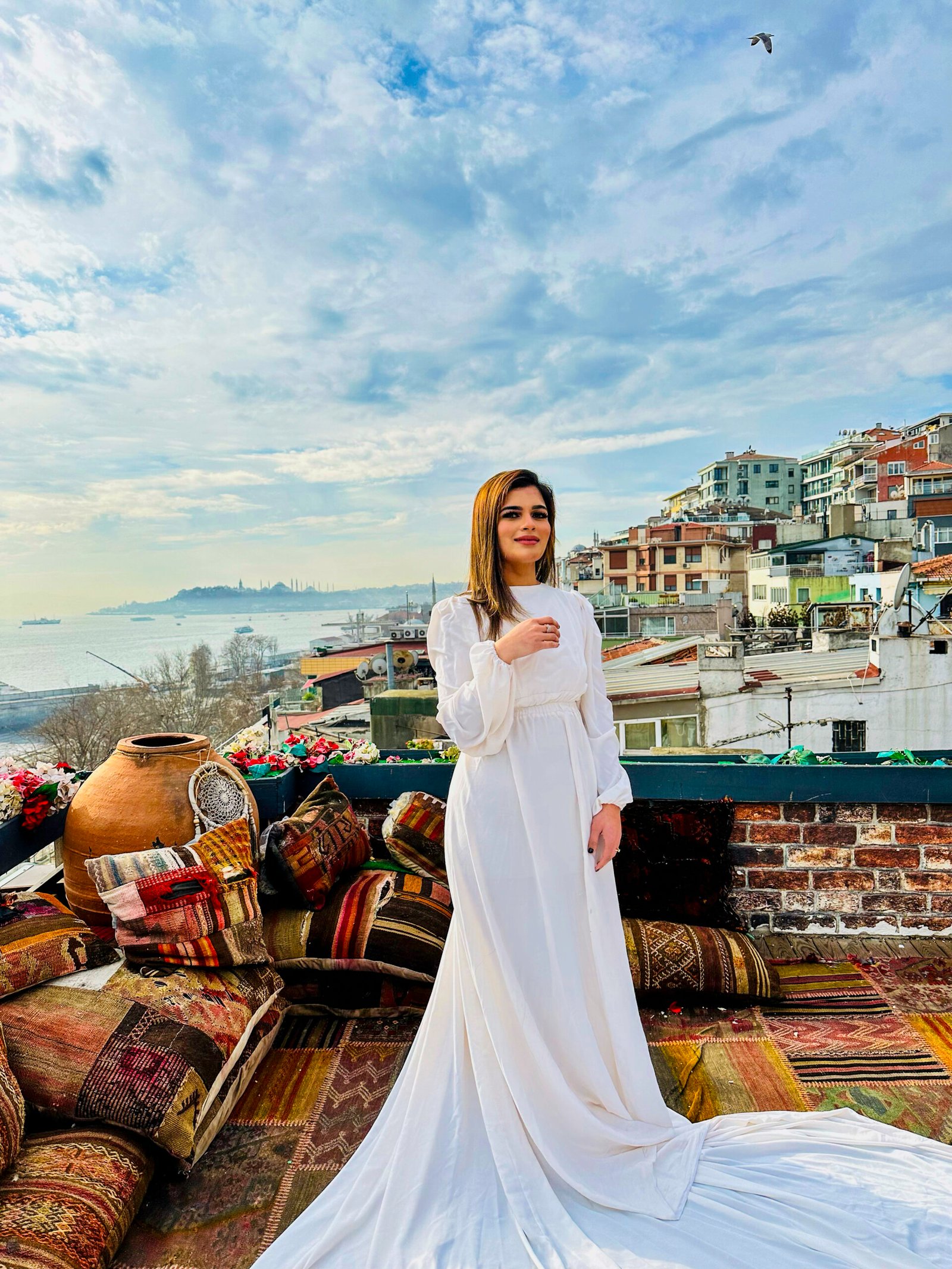 Bride on rooftop, bridge in view — MZ Photographer Wedding Photography
